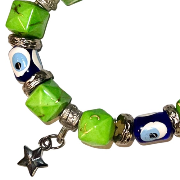 VTG Jasper, Silver Sea Glass Evil Eye Beaded Bracelet - Picture 9 of 13